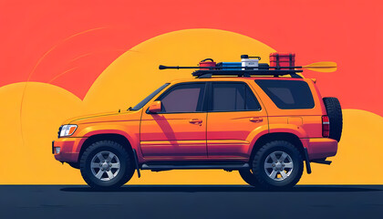 Obraz premium A bright orange SUV with camping equipment on its roof is ready for an adventure, against a vibrant sunset.
