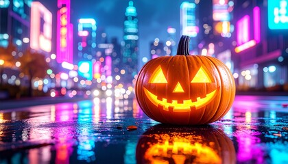 Vibrant jack-o'-lantern glowing on a wet urban street surrounded by colorful neon lights at night. Captures the festive Halloween atmosphere.