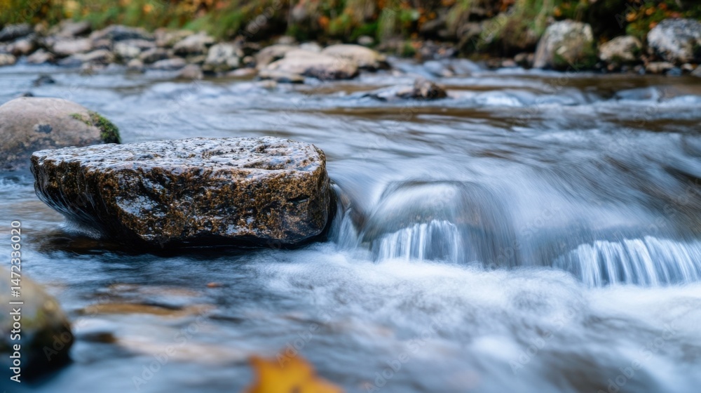 Poster a single, dark brown rock sits partially submerged in a swiftly flowing stream, its surface glisteni