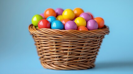 Woven basket filled with colorful, round candy against a blue background