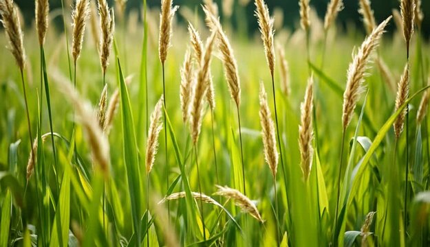 Tall grass field nature photography, green and golden tones, representing nature, growth, or summer, with copy space