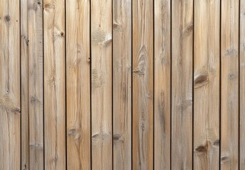 Fototapeta premium A detailed image showcasing a weathered, light brown wooden plank wall texture, ideal for rustic backgrounds or design projects. The vertical planks show natural wood grain and subtle : Generative AI