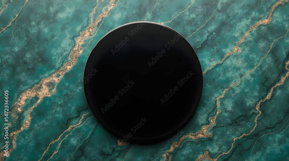 Poster a sleek black circular object rests against a vibrant teal and gold marbled background, creating a s