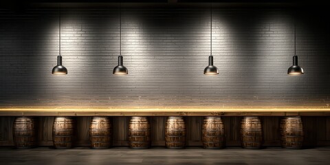 A stylish bar with wooden barrels, illuminated by hanging pendant lights against a modern brick wall.