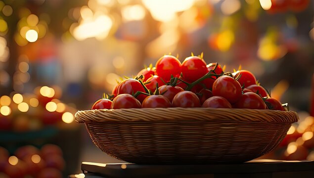 Fresh tomatoes in a basket, vibrant market scene