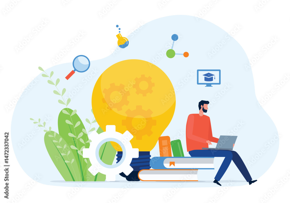 Poster vector illustration design online education and e-learning concept with student sitting on the book 