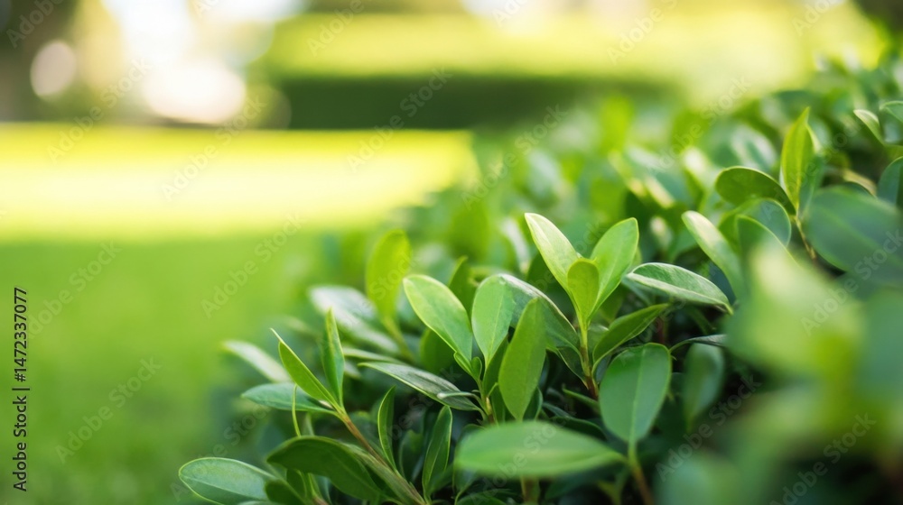 Poster close-up view of vibrant green leaves, lush foliage, illuminated by sunlight, creating a serene and 
