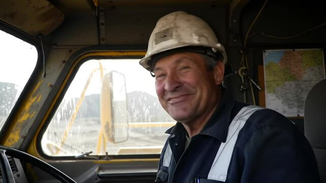Smiling worker waving from inside heavy industrial machinery equipment