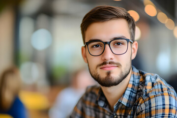 Obraz premium Young Man with Glasses Smiling Outdoor Cafeteria Setting