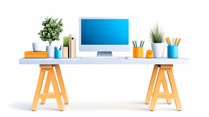 A modern workspace with a computer, plants, and office supplies on a light wooden table