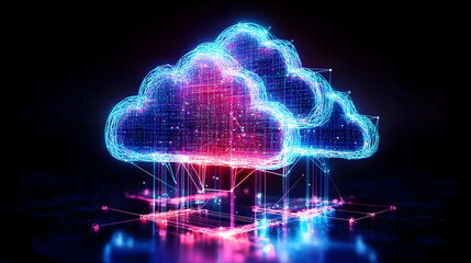 Obraz premium Abstract cloud computing concept, glowing network of data points forming a cloud shape