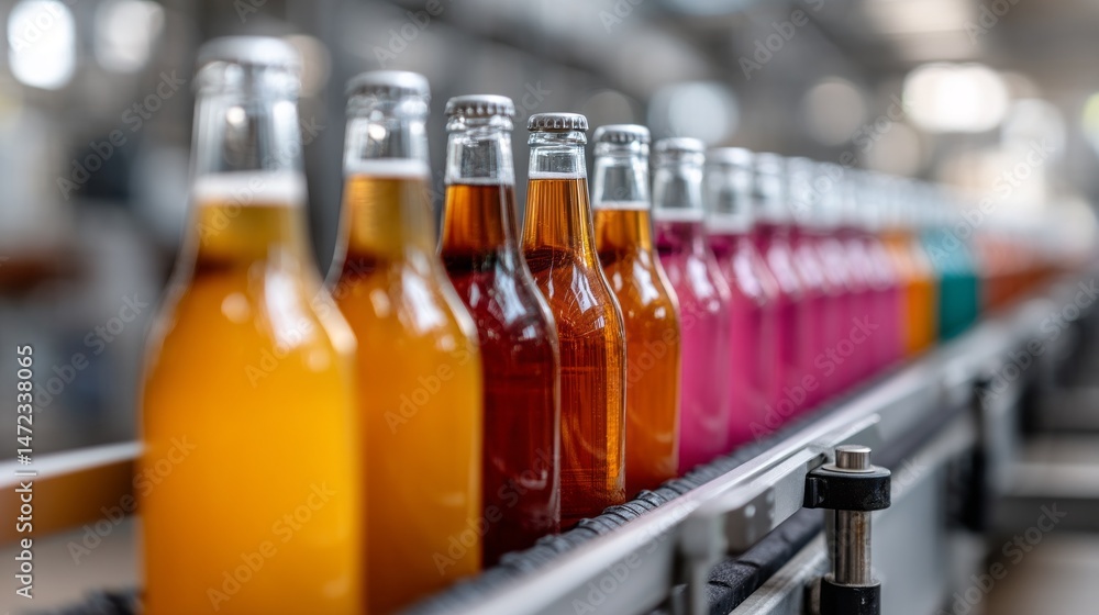 Poster A row of vibrant beer bottles is seen flowing continuously along the production line in a factory. The bright colors of the bottles create an eye-catching display amidst daily operations