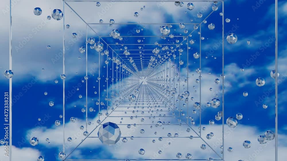 Poster fly through abstract tunnel made of cubic wireframe with rotating low poly spheres against blue sky 