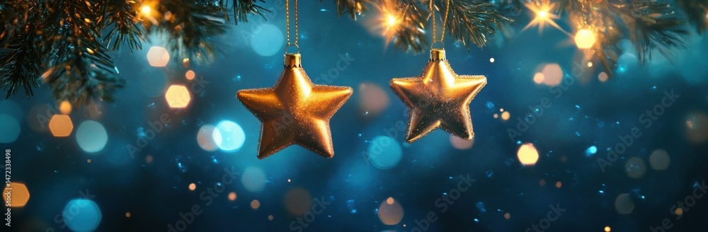 Poster two gold star ornaments hang from a pine branch, illuminated by warm bokeh lights against a deep tea