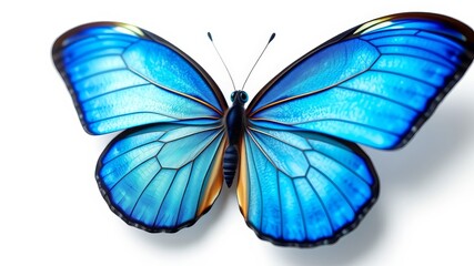 A vibrant blue morpho butterfly with intricate wing details is shown against a stark white background.