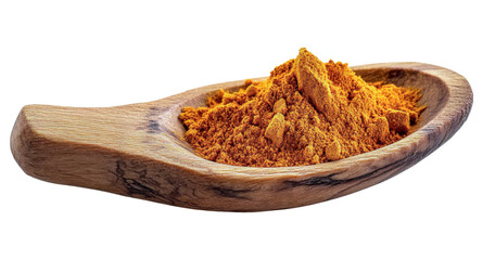 turmeric powder in wooden spoon on white background