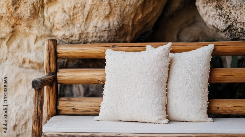 Leinwandbilder Two off-white textured throw pillows rest on a rustic wooden bench against a stone wall, creating a serene outdoor setting. : Generative AI