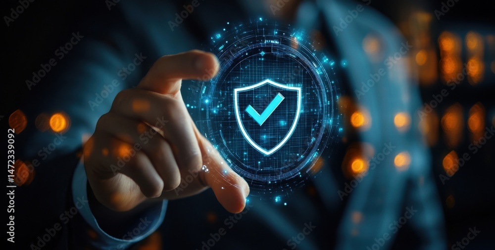 Fototapete A businessman's finger interacts with a digital shield interface, signifying cybersecurity and data protection. : Generative AI