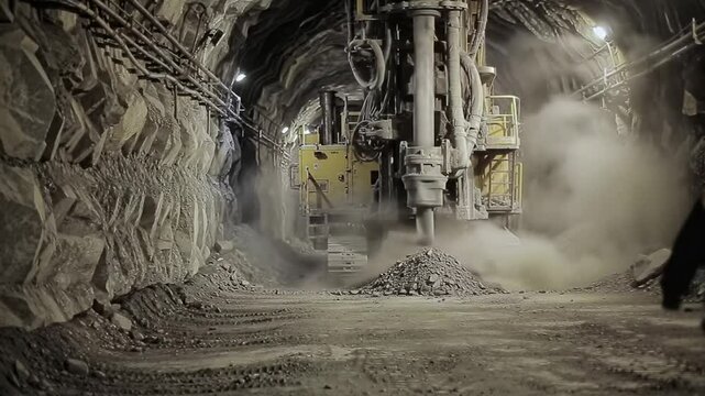 Industrial jumbo drill carving rocky tunnel for mining and construction