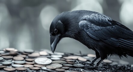 Corvid Encounter: A Crow and Magpie Amidst Glimmering Coins in a Natural Setting