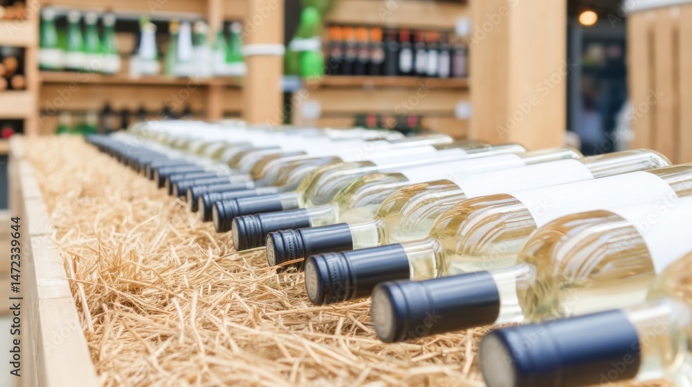 Aufkleber Rows of white wine bottles with blank labels rest on straw in a rustic wine shop setting. : Generative AI