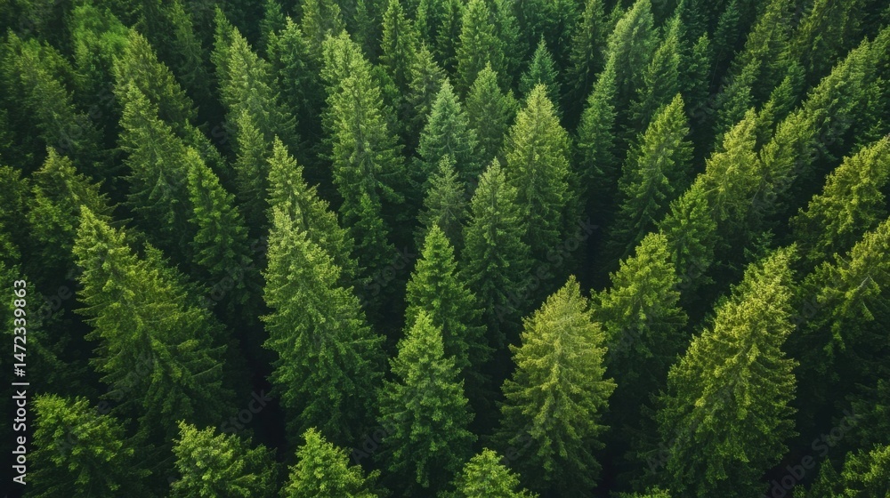 Poster aerial view of a dense evergreen forest, showcasing the lush green canopy and uniform height of the 