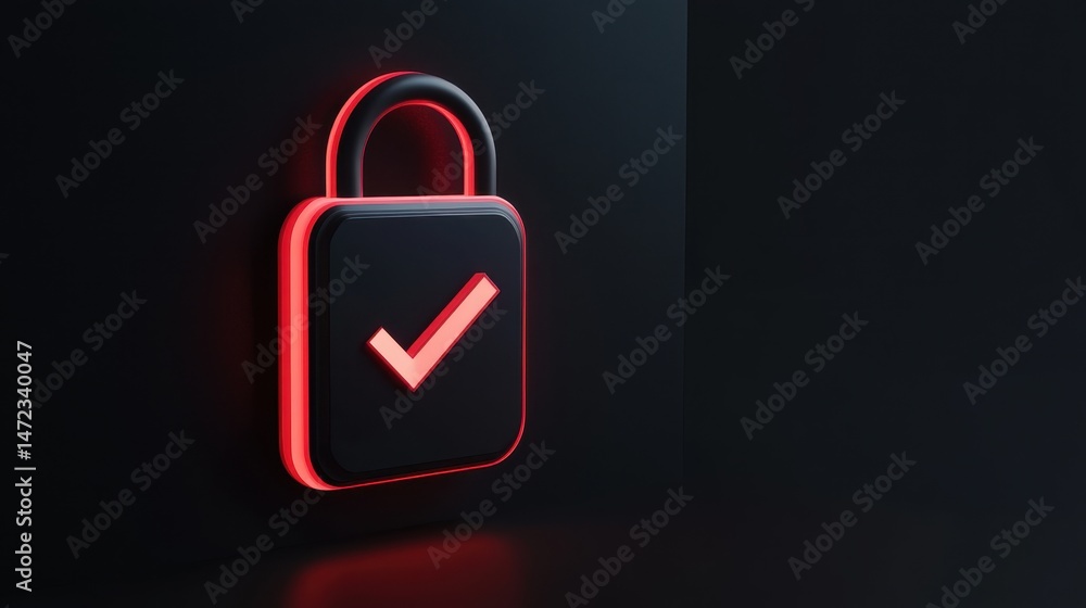 Poster 3d access lock icon with approved check mark on dark background for cybersecurity protection