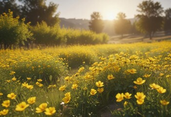 Sunlit field, vibrant yellow blooms in full summer splendor ,  macro,  joyful,  image