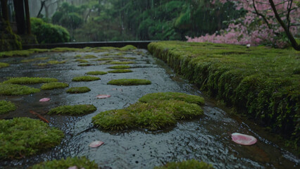 Naklejka premium Light spring rain falling on a moss-covered stone path in a Japanese garden surrounded by green plants and scattered sakura petals of early morning