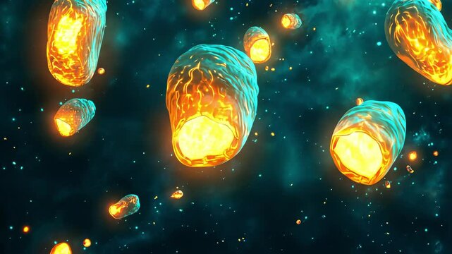 Glowing objects in cosmic fantasy landscape