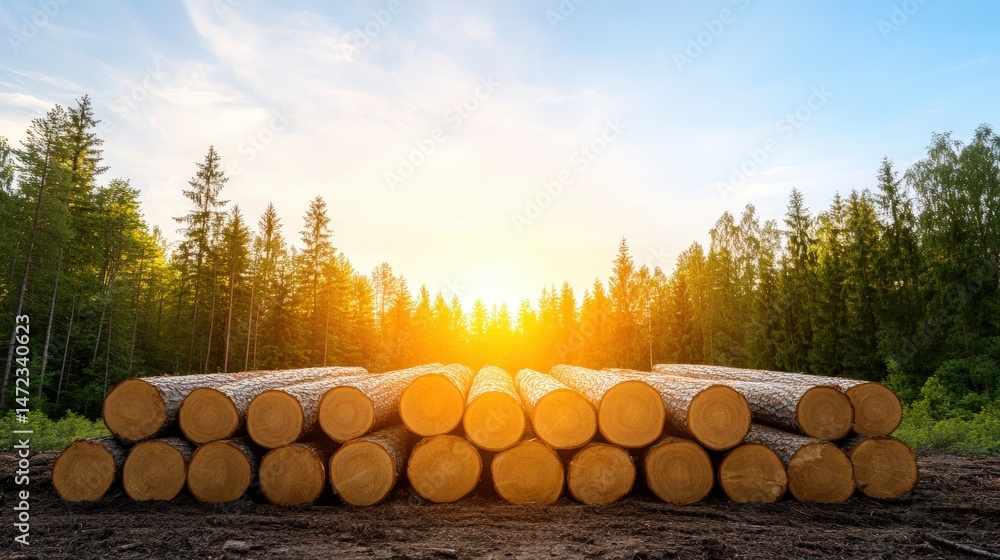 Wall mural stacked logs form a pattern with sunlight filte through the forest trees at the edge of the logging 