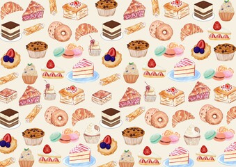 Seamless pattern of desert cakes donut cupcakes croissant food illustration