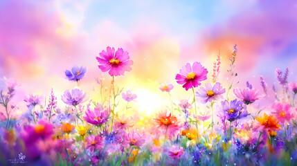 Vibrant flower field at sunrise
