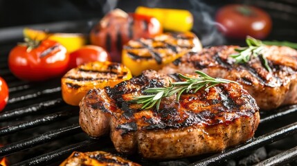Juicy grilled pork chops with rosemary, sizzling on a barbecue grill alongside grilled bell peppers and tomatoes. : Generative AI