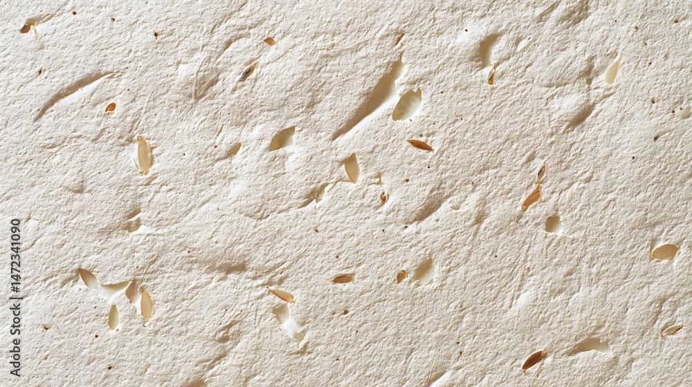 Poster Close-up texture of off-white handmade paper with embedded seeds, showing a unique, natural, and slightly rough surface. : Generative AI