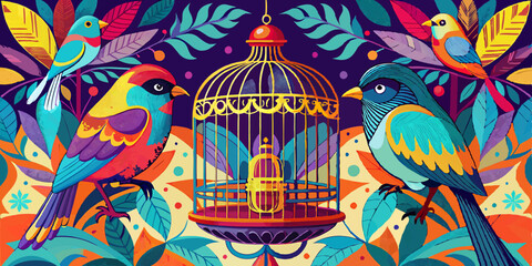 Vibrant Colorful Birds and Ornate Birdcage Illustration