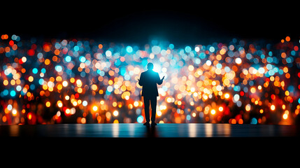 A speaker on stage with a vibrant, colorful audience