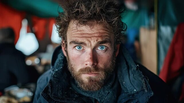 Intense Close-Up Portrait of a Man with Blue Eyes and Beard in an Outdoor Setting with Warm Tones and Subtle Background Details 4k video footage