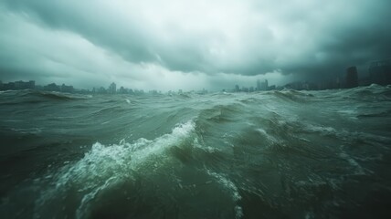 Fototapeta premium Stormy Ocean with Dark Clouds and Cityscape in Background