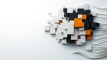 Abstract arrangement of black, white and orange cubes with soft, flowing, wavy white lines pattern design