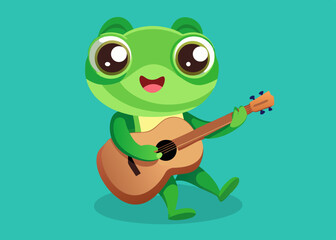 Cute Cartoon Frog Playing Acoustic Guitar Musical Instrument