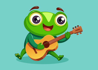 Happy Green Frog Playing Acoustic Guitar Cartoon Illustration