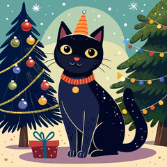 Fototapeta premium Cute Black Cat Wearing Party Hat Celebrates Christmas