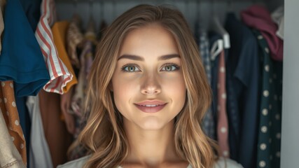 A young woman with long blonde hair smiles confidently while standing in her well-organized closet filled with colorful clothing.