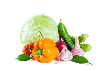 Mix of colorful vegetables - bell pepper, cabbage, tomatoes, cucumbers, onions and garlic.