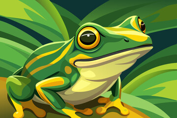 Vibrant Green Frog Illustration Amidst Lush Tropical Foliage