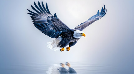 Fototapeta premium Majestic eagle in flight over serene water, wings spread wide, reflected in the calm surface