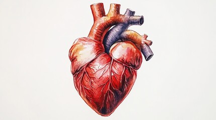 Watercolor painting of a human heart with visible arteries and veins on white background.