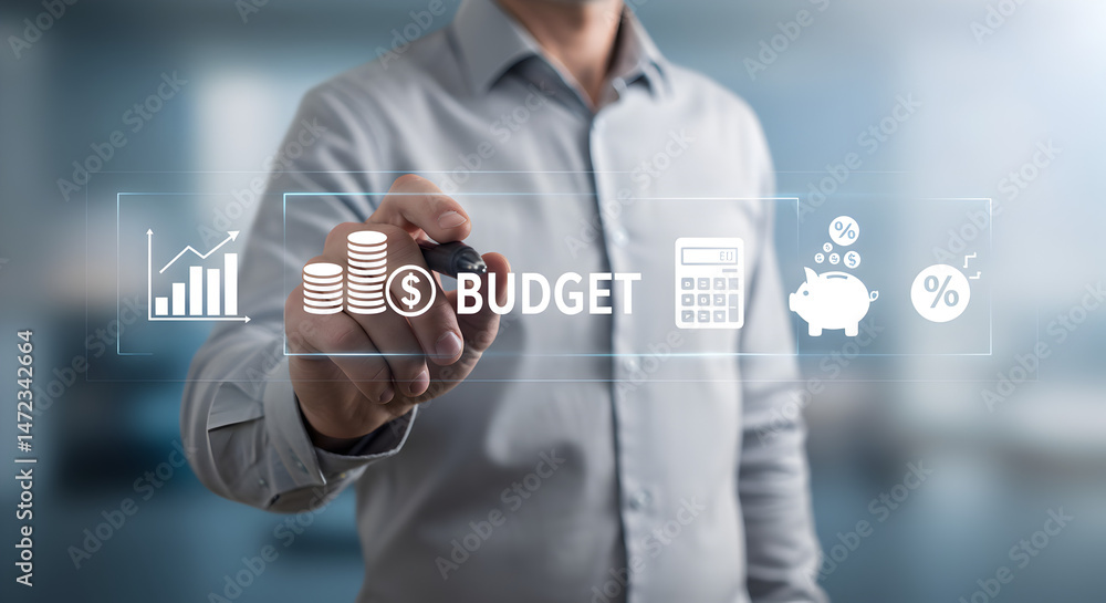 Poster man points to budget on virtual display with financial icons in soft lighting with blurred backgroun