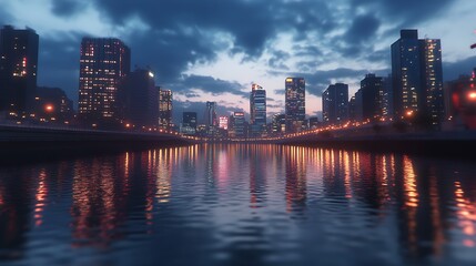 Fototapeta premium Serene lake with city view and blossoms high resolution picture